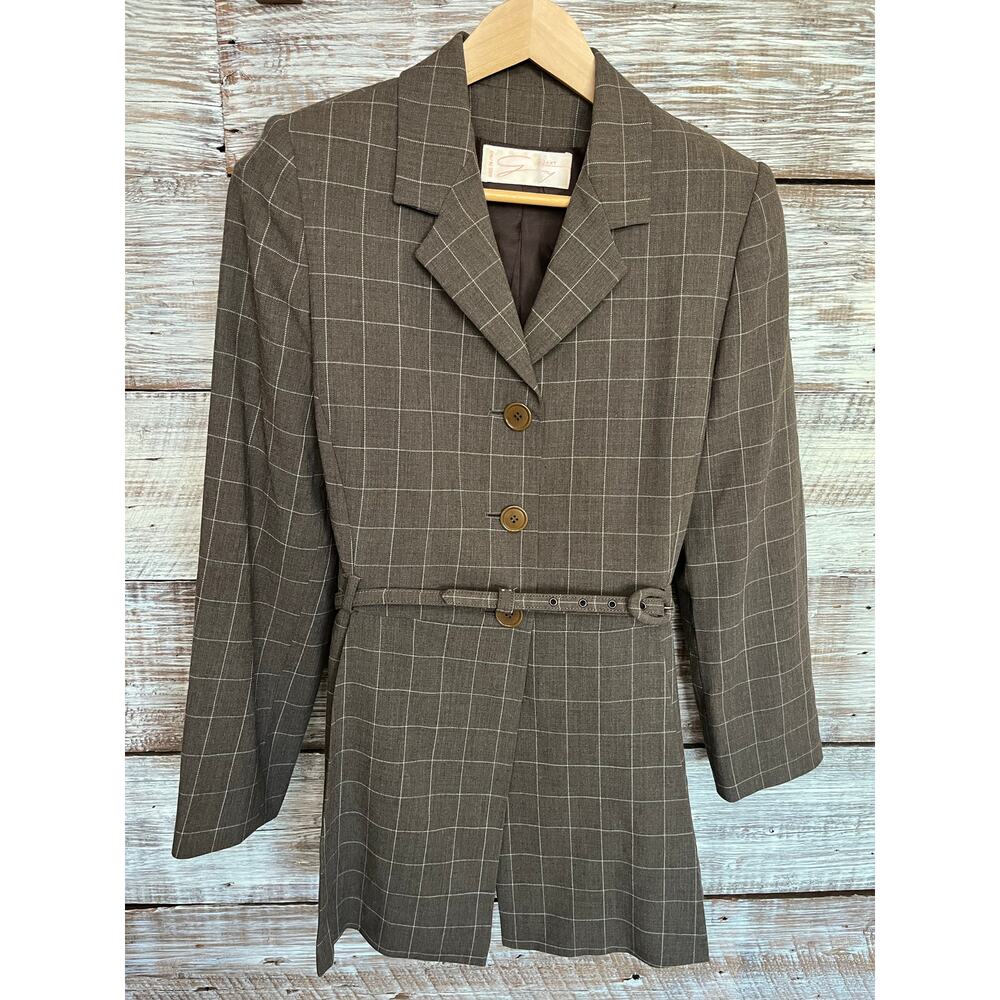 Genny Italy Wool Blazer Belted Peplum Back Windowpane Brown Jacket Size 42